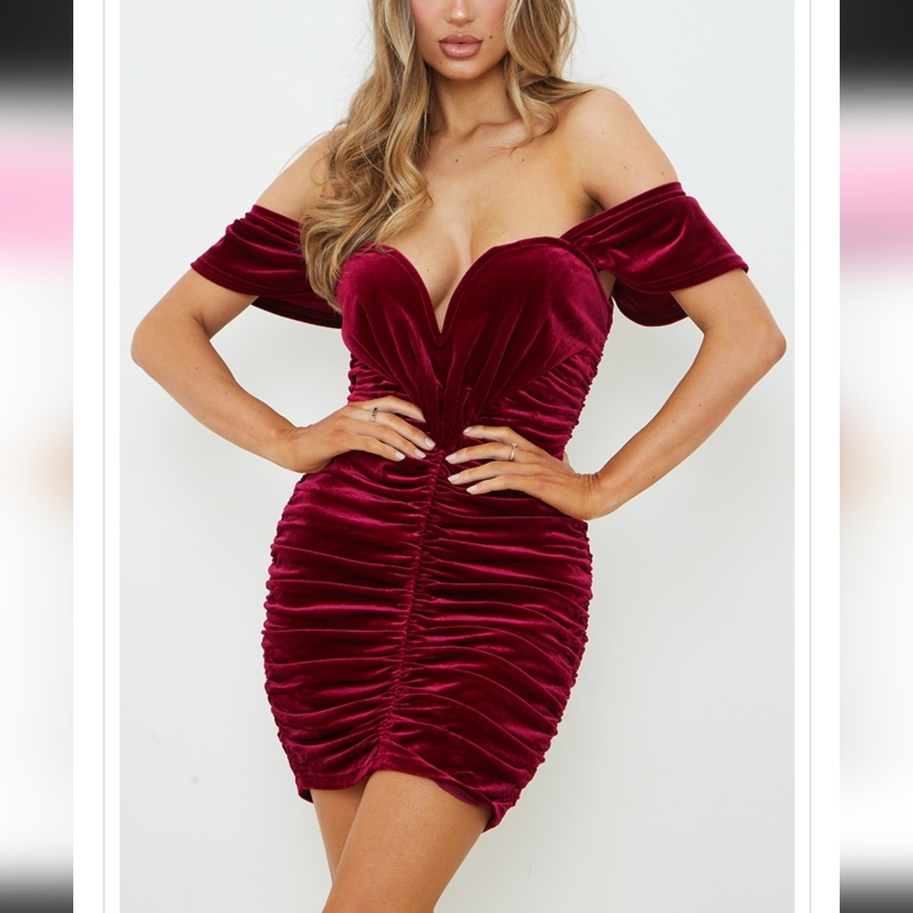 ❤️💋💞PLT Burgundy Red Velvet Plunge Ruched Bardot Bodycon Dress US 4 ❤️💋💞